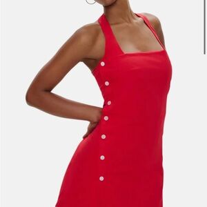 Red Halter-Neck Button-Side Midi Dress